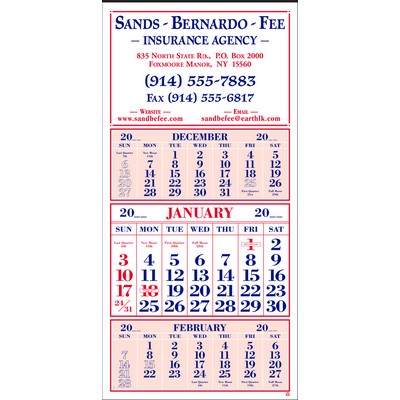 Red & Dark Blue Large Twelve 3-Month Sheet Calendar