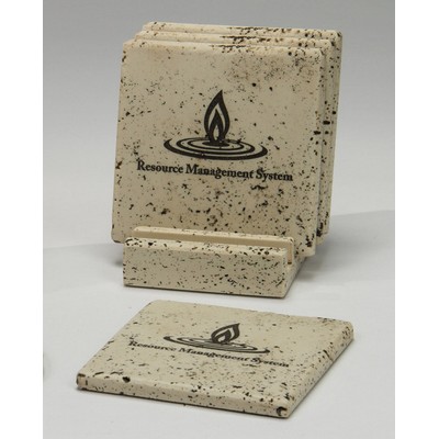 4-Pc Square Travertine-Texture Coaster Set w/Base w/Wash