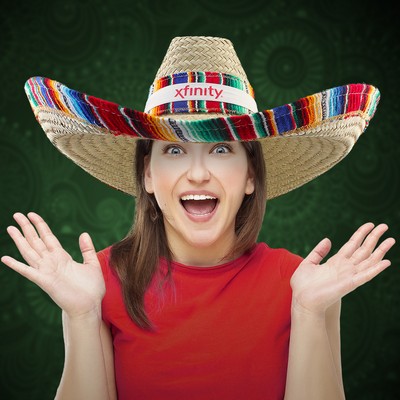 Giant Natural Straw Sombrero w/Serape Trim