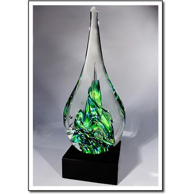 Forest Waterfall Glass Sculpture w/ Marble Base (6"x15")