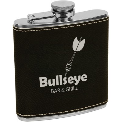 Stainless Steel Flask with Black Faux Leather, Engraved, 6 oz