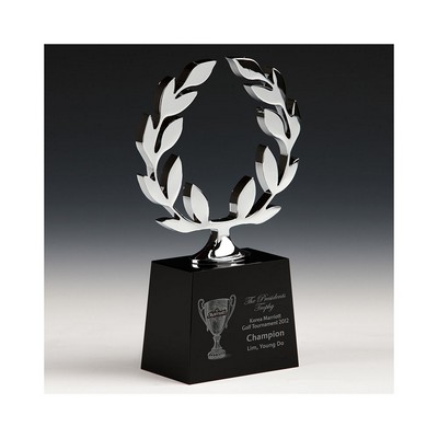 Chrome plated metal laurel leaf award / black optical crystal base.