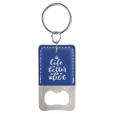 Blue/Silver Leatherette Rectangle Bottle Opener Keychain – Laserable