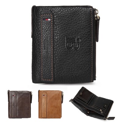 Genuine Leather Double Zipper Short Vintage Wallet