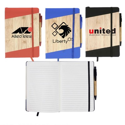 Bamboo Look PU Journal with Matching Strap Closure, Bookmark & Pen Loop