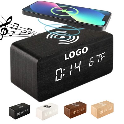 Wooden Wireless Charging Alarm Clock with Bluetooth Speaker