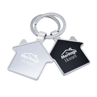 House keychain in polished chrome finish, with mirror-like middle insert, convenient split key ring.