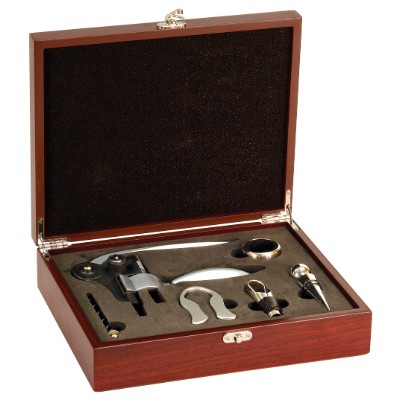 5 Piece Wine Tool Gift Set w/ "Rabbit" Style Cork Screw - Laser Engraved Case