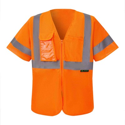 ANSI 107-2015 Class 3 Mesh Safety Vest Neon Orange With Multiple Pocket