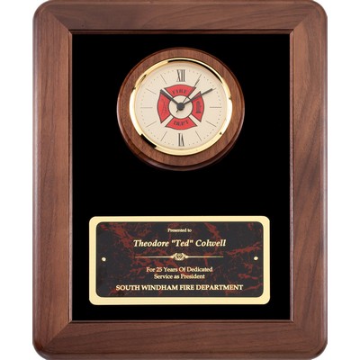 Rounded Walnut Frame Plaque w/FD Emblem Quartz Clock on Black Velour, 12"x15"