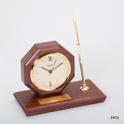 Walnut Piano Finish/Gold Desk Clock on Base with 1 Pen