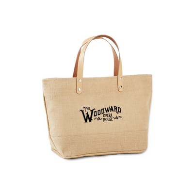 Small jute/burlap tote bag with leather handles, rivets, zippered closure and zippered pocket inside