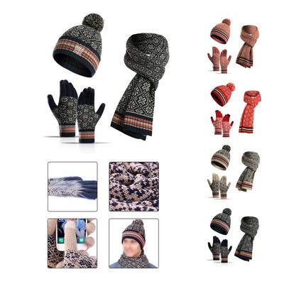 Winter Pom-pom Beanie Hat Scarf Touch Screen Gloves Set