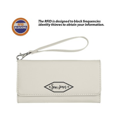 RFID Protected White Leatherette Wallet with Strap