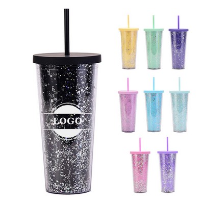 Sequined Double-layer Plastic Cup with Straw- 24 Oz.