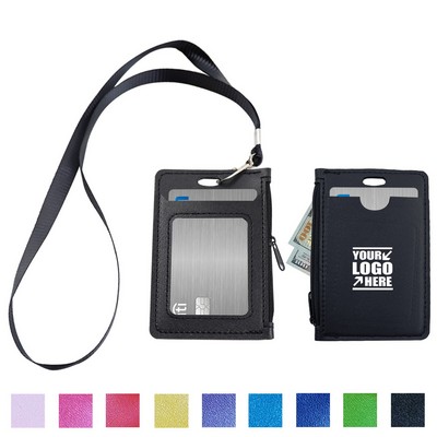 Lanyard PU Leather Card Holder w/Zippered Pocket