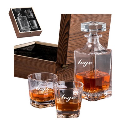 Decanter - Front Only - 2 Glasses - Wood Box