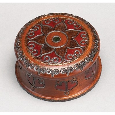 Round Wood Box w/Carved Flower & Heart Pattern (3 1/8"x1 5/8")