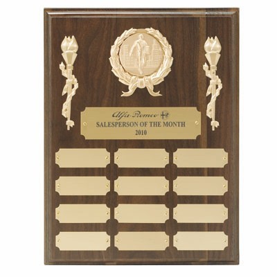 Multiple Plate Walnut Finish Plaque w/12 Gold Plates & 2" Medallion Insert (9"x12")