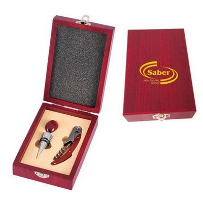 2 Piece Wine Tool Set In Red Wood Case