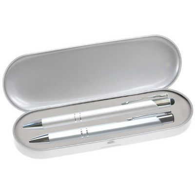 JJ Series Stylus Pen and Pencil Gift Set in Silver Tin Gift Box with Hinge Cover - Silver pen