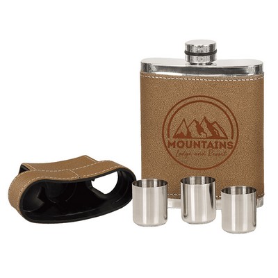 7 oz. Leather Flask with Lid & 3 Shot Glasses