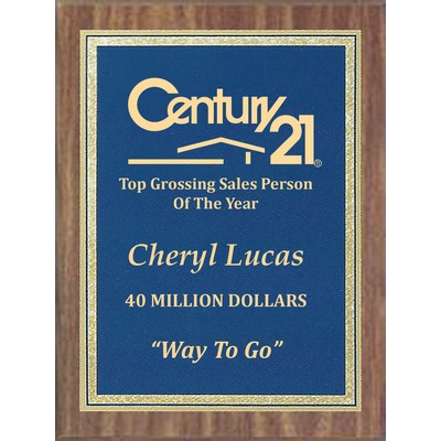 Economy Walnut Finish Plaque Series with Blue/Brass Florentine Plate, 7"x9"