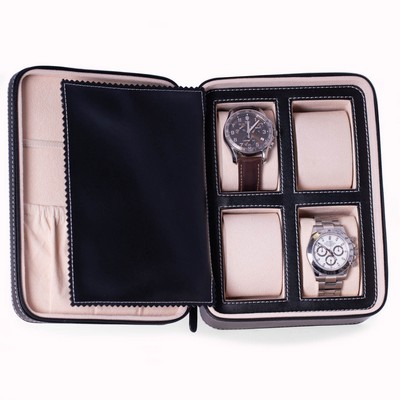 Black Leather Four Watch & Accessory Case