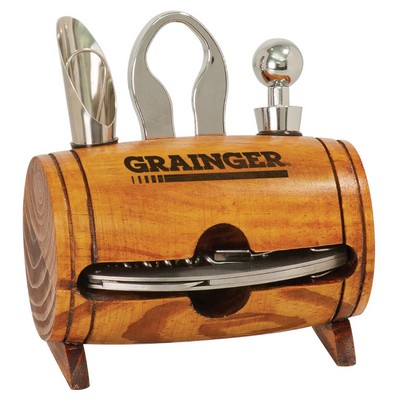 Wood Barrel 4-Piece Wine Tool Set