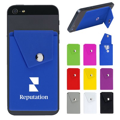 Silicone Cell Phone Wallet & Stand Stick-on Credit Card Pocket w/Button Closure