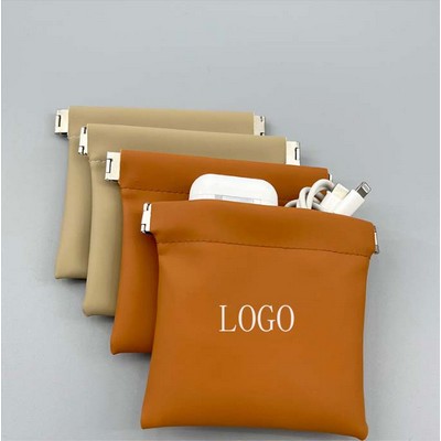 Automatic Closing Shrapnel Closing PU Leather Bag Mini Coin Jewelry Storage Pouch/Airpods Holder