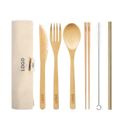 Biodegradable Bamboo Straw Spoon Fork Knife Travel Wooden Bamboo Cutlery 6 in 1 Utensils Kit