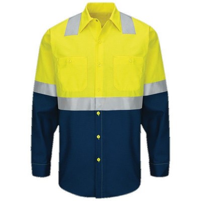 Red Kap™ Hi-Visibility RipStop Long Sleeve Work Shirt Type R, Class 2 - Yellow/Silver/Navy Blue