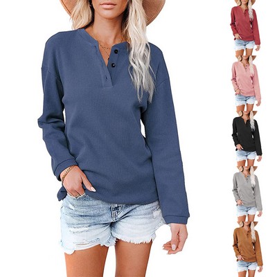 Women's Long Sleeve Button Neck Loose Shirt