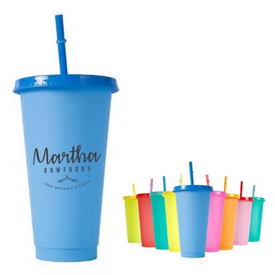 24oz Color Changing Plastic Straw Tumbler w/ Lid