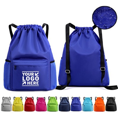 Polyester Drawstring Backpack with 2 Mesh Pockets & Zipper