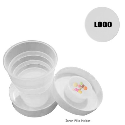 Collapsible White Plastic Travel Cup with Built-in Pill Box