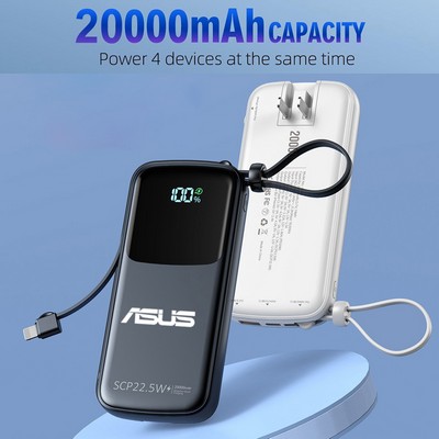 Portable Fast Charger 20000mAh Power Bank With Cables and AC Wall Plug