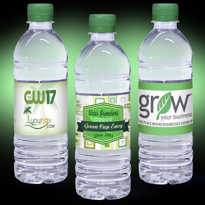 16.9oz. Custom Label Water w/Green Flat Cap - Clear Bottle