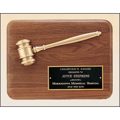 American walnut plaque with antique bronze gavel casting, 9 x 12"