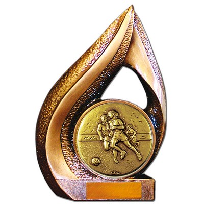 Stock 9" Flame Trophy with 2" Soccer Female Coin and Engraving Plate