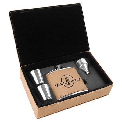 6 oz. Light Brown Leatherette Flask Gift Set