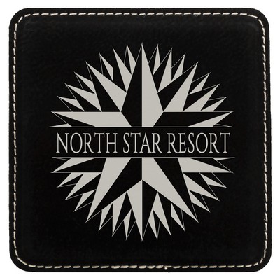 Square Coaster, Black Faux Leather, 4x4"