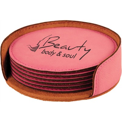 4" Round Pink 6-Coaster Set with Holder, Laserable Leatherette