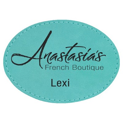 Oval Engraved Patch with Adhesive, Teal Faux Leather, 3 1/2" x 2 1/2"