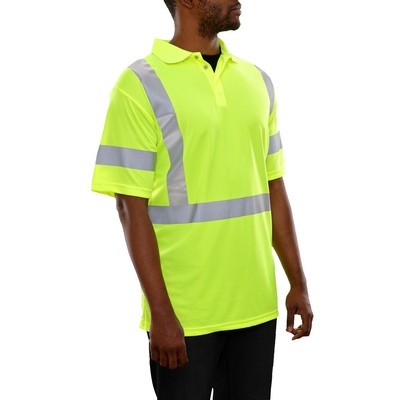 3 Button Placket Short Sleeve Polo Shirt -Silver Fabric Reflective/Fluorescent Yellow-Green