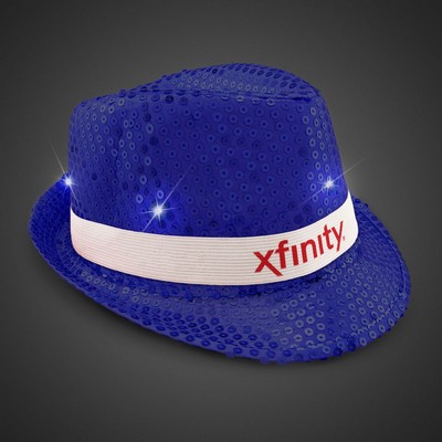 Blue Sequin Light Up Fedora Hat w/Silk Screened White Band