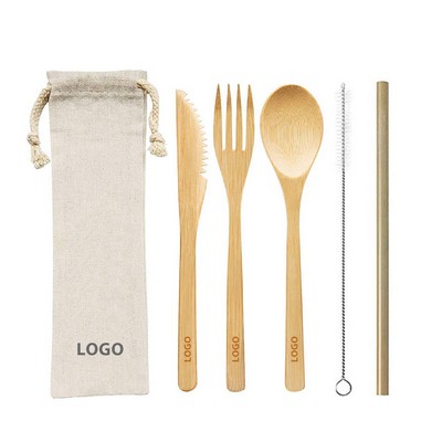 2025 Eco-Friendly Reusable Wooden Bamboo Cutlery Travel Camping Biodegradable 5 in 1 Utensils Kit