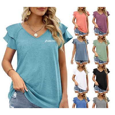 Women's Basic Casual Tee V-neck Short Sleeve Plain Shirt