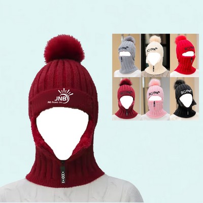 Zipper Closure Lady Knitted Conjoined Cap